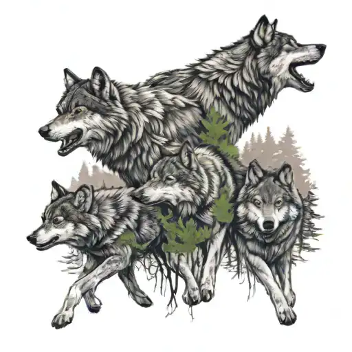 A Family Of Wolves Running Together In A Forest Setting