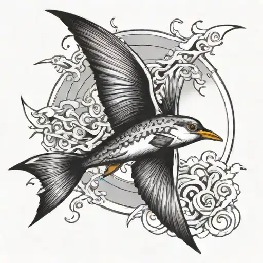 Flying Fish That Is Flying With Seagulls In Front Of A Sun