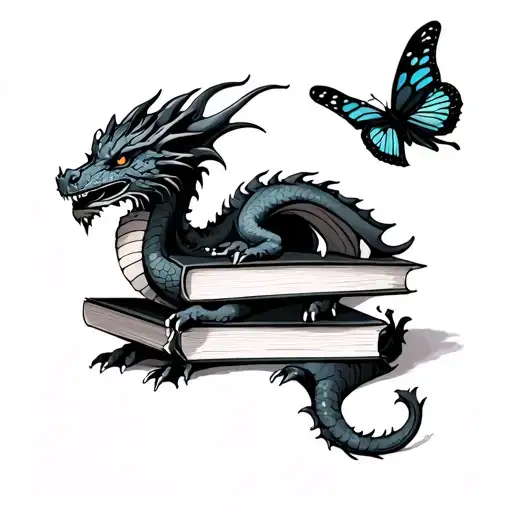 Dragon With Books And Butterfly