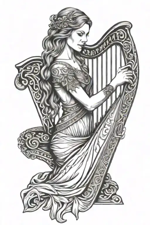 Female Irish Bard Playing A Celtic Harp