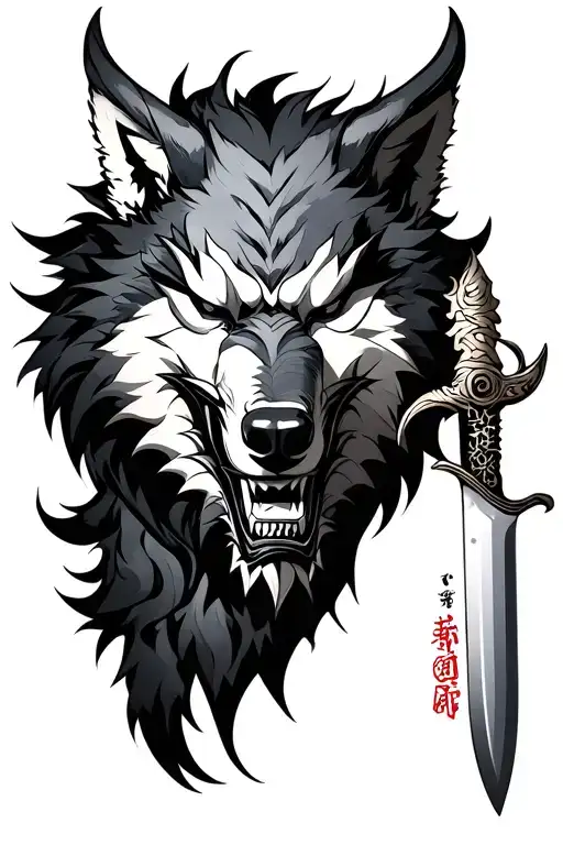 Japanese Knife With An Oni Mask On The Wolf With One Blade