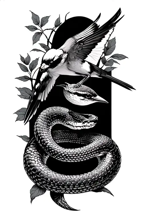Japanese Style Back Tattoo With Rattle Snake And Mockingbird
