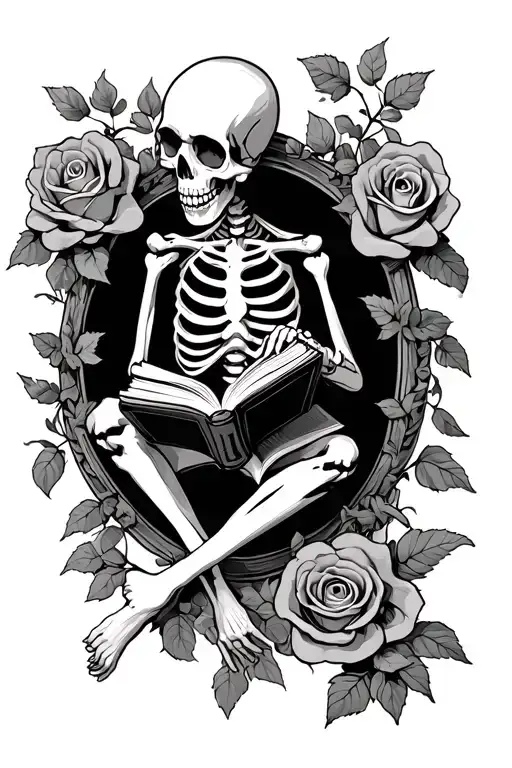 Skeleton Sitting Holding Open Book Surrounded By Vines With Roses