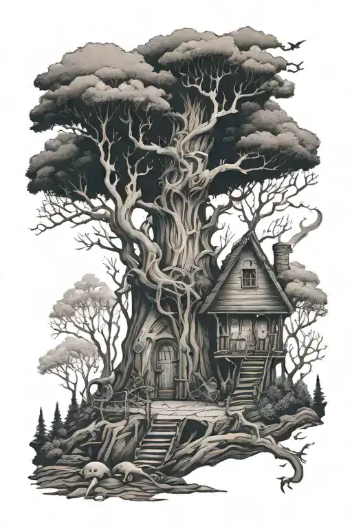 A Tim Burton Inspired Tattoo Of A Spooky Forest With A Reading Nook Hidden In The Trees