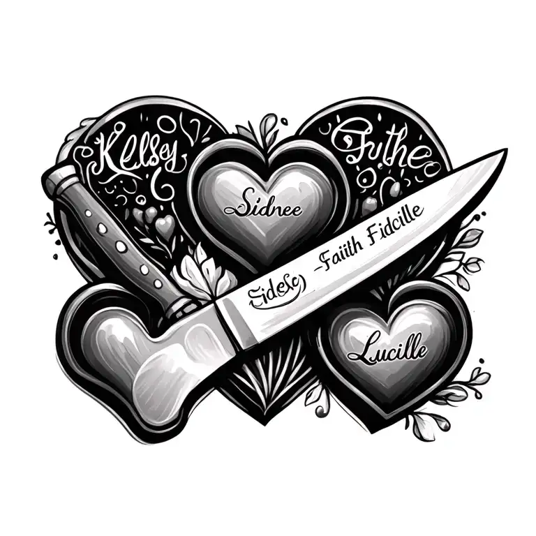 Abstract Of Food A Chef Knife And 4 Hearts With The Name Kelsey Sidnee Faith Lucille In Each Heart