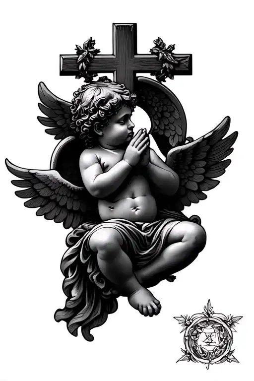 Cherub Praying With Cross Intertwined