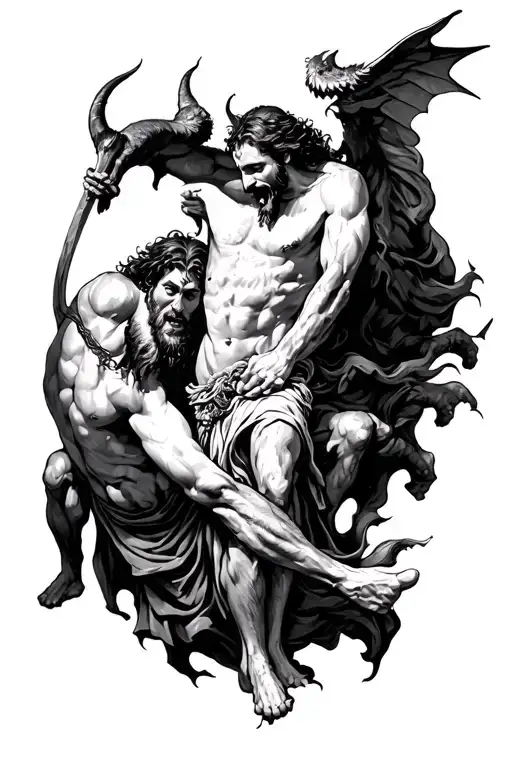 A Sketch In The Style Of A Schedule That Depicts The Battle Of Jesus Against The Devil