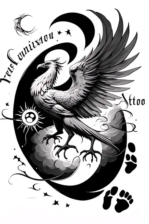 Black And White Rising Phoenix With Footprints And Sun And Moon And Script Swirling Through