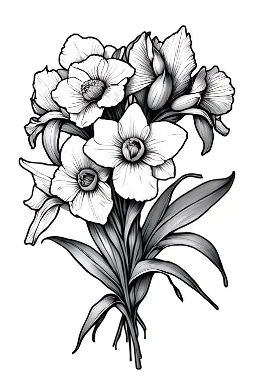 Iris Marigold And Daffodil Bouquet Fine Line
