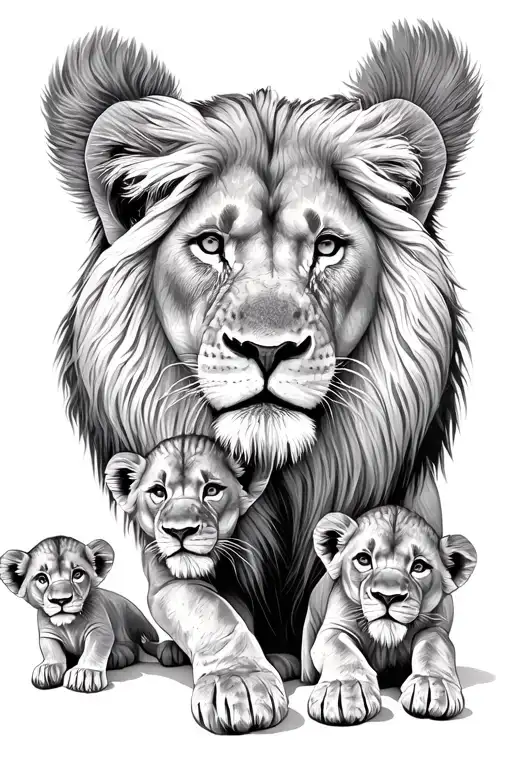 Adult Male Lion Protecting His Three Cubs Playing