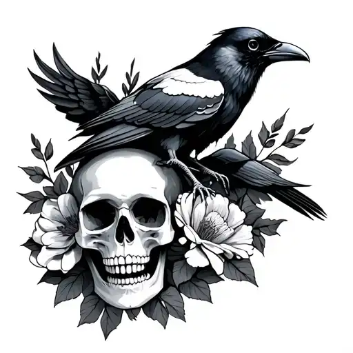 Skulls Withering Flowers A Raven And A Crow