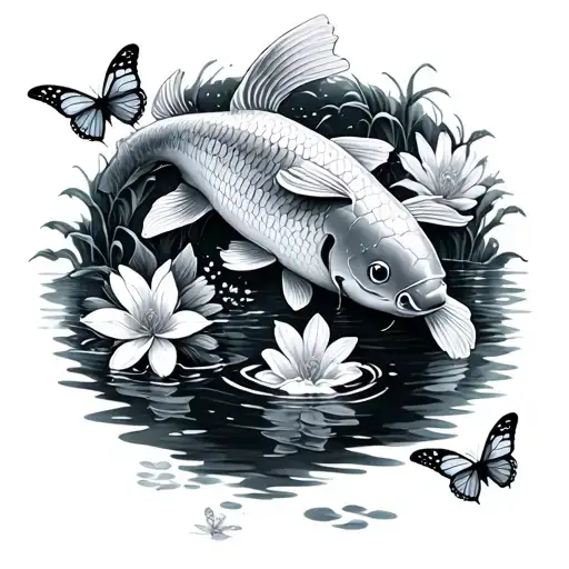 Koi Fish In Pond With Flowers And Butterflies