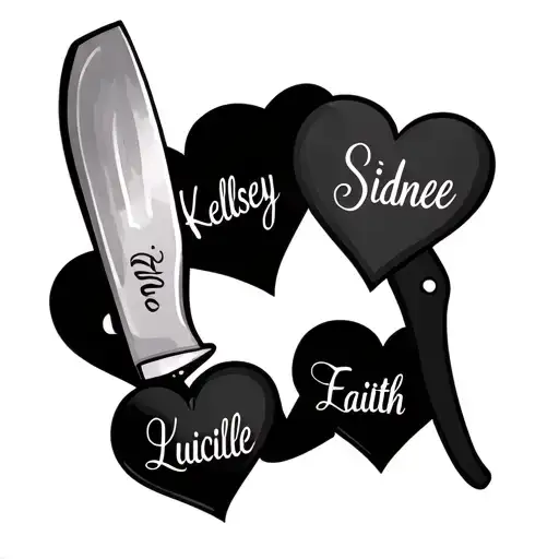 Abstract Of Food A Chef Knife And 4 Hearts With The Name Kelsey Sidnee Faith Lucille In Each Heart