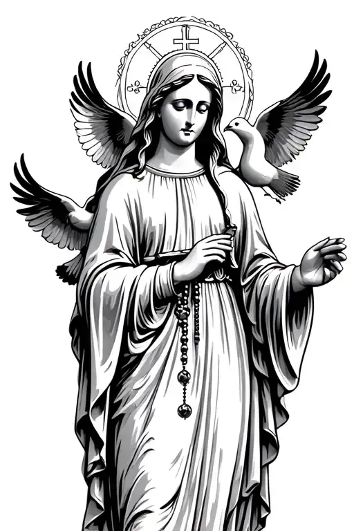 Virgin Mary Holding A Rosary Beads With 2 Doves Flying Behind Her