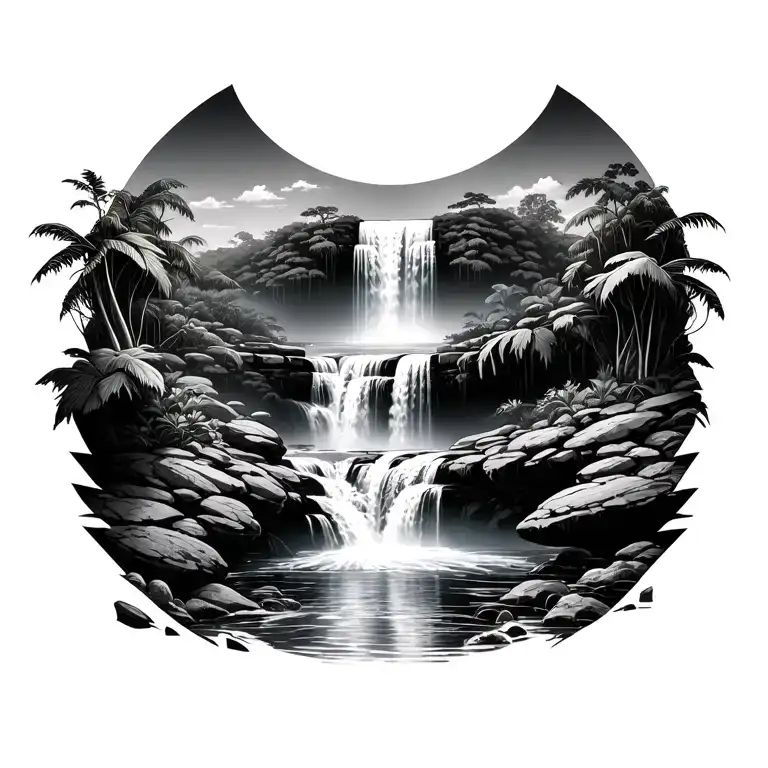 Black And Grey Reality Waterfall Scene Hidden In A Rainforest With Multiple Water Levels