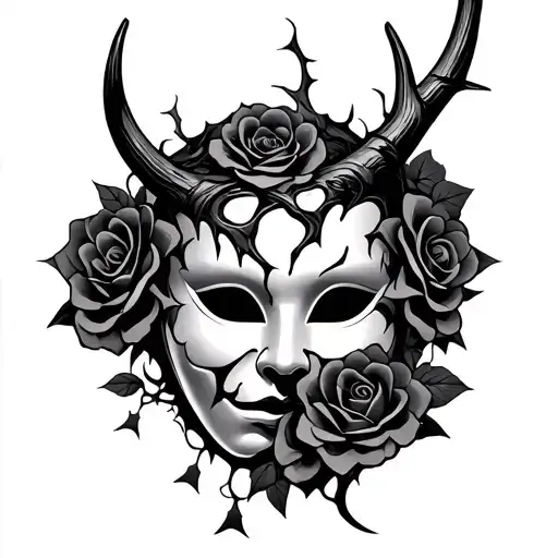 Japanese Mask With A Broken And Tangled Horn With Roses With Thorns