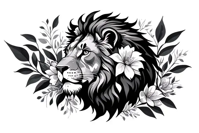 Geomatrical Design Featuring Lion Sorrounded By Flowers And Leaves