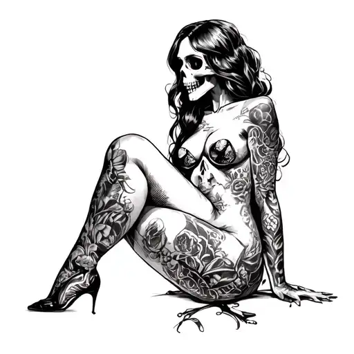 Skull Nude Pin Up Girl Sitting
