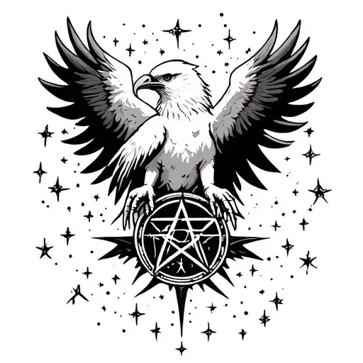White Raven Holding Pentagram In Its Claws Surrounded By A Starry Sky