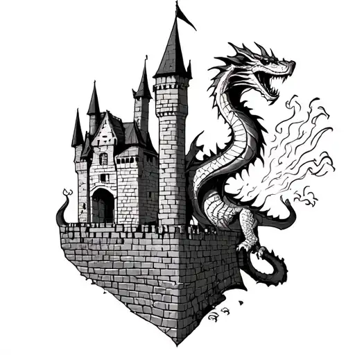 Castle Walls With Fire Breathing Dragon Defending It