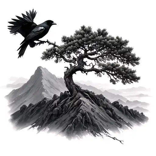 Olive Tree On A Mountain With A Crow In The Branches
