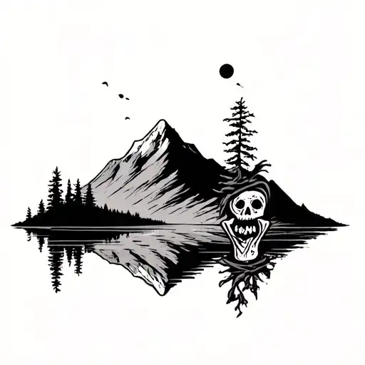 A Silhouette Of A Mountain Range Reflecting In A Tranquil Lake With A Hidden Voodoo Doll