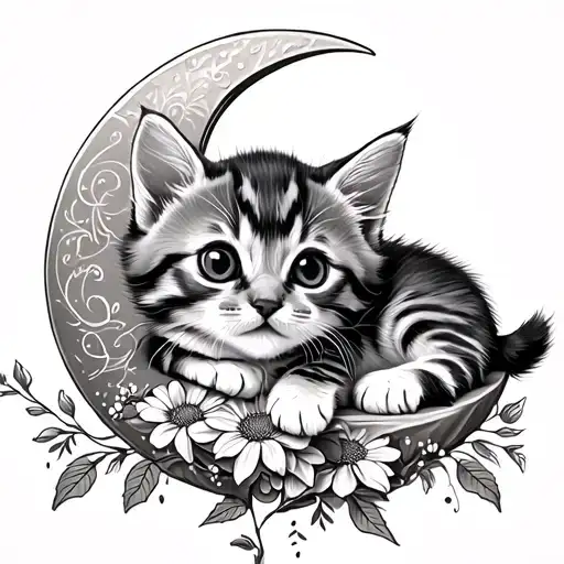 Kitten Laying On A Half Moon With Loutus Flowers