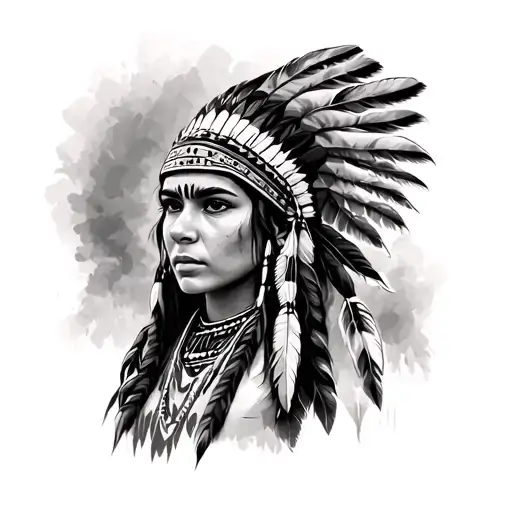 Native American Girl Wearing Fethers And Tomohawk