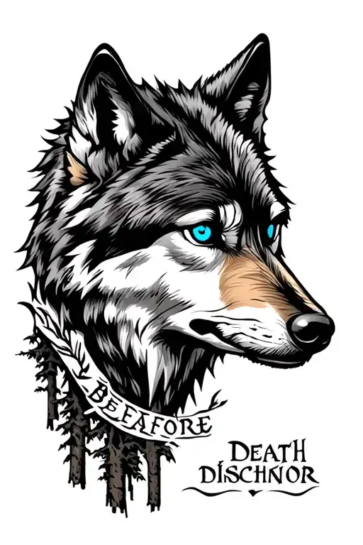 Wolf With Blue Eyes With Death Before Dishonor Words Over Woods