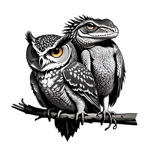 Owl And Iguana Perched