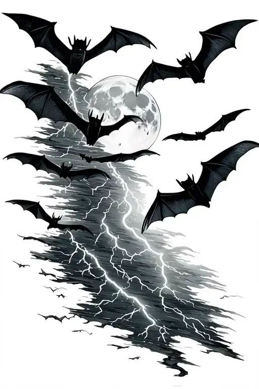 A Tattoo Of A Lighting Storm At Night With A Creasnt Moon And A Group 5 Of Bats In The Lighting