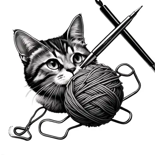 Yarn Ball With Crochet Hooks And A Cat Face