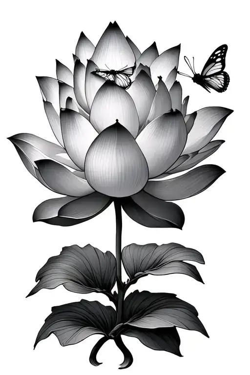 Lotus Flower With Stem Wrapped With Butterflies