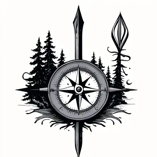 Compass With Arrow And Trees Forarm Symmetrically