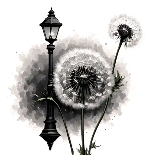 Dandelion Flower Growing Next To Lamp Post