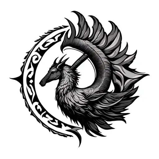 Capricorn Zodiac Symbol With A Rising Phenix In Tribal Style