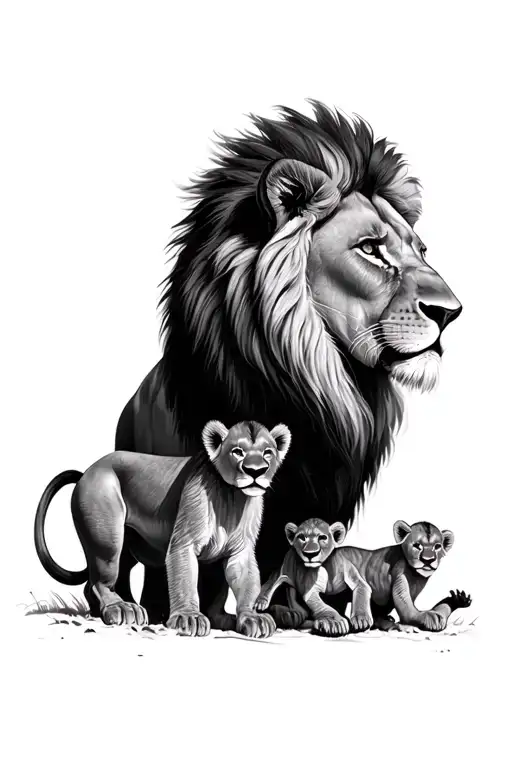 Adult Male Lion Protecting His Three Cubs Playing