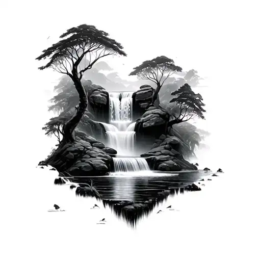 Black And Grey Reality Waterfall Scene Hidden In A Rainforest With Multiple Water Levels
