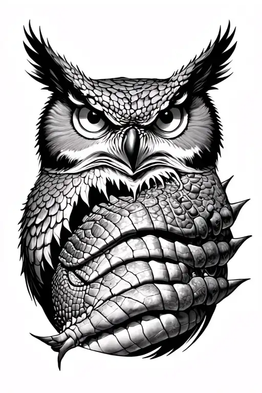 Spine Tattoo Starting With An Owl Face Merging Into A Crocodile Back With Ridges