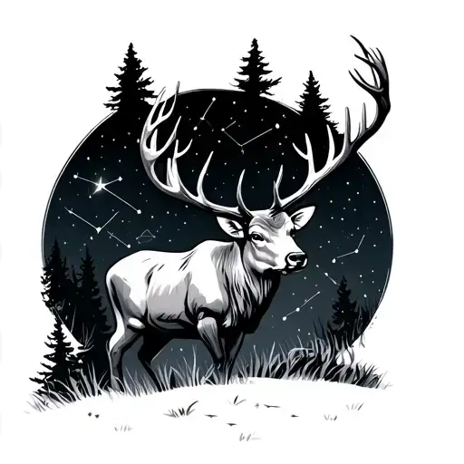 Buck In The Forest At Night Sky With Constellations