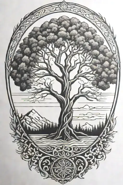 Tree Of Life Intertwined With The Smoky Mountains And A Lake