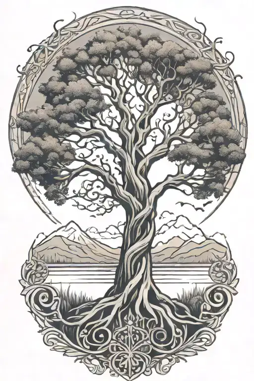 Tree Of Life Intertwined With Mountains And A River Without A Border