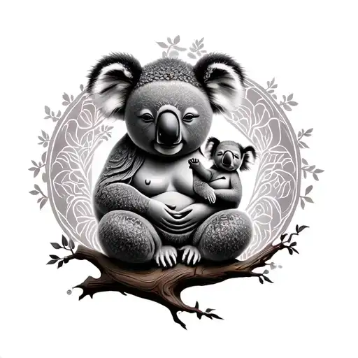 Mother Koala Who Holds Her Baby On A Branch Integrate Them Into A Buddha Tree Of Life