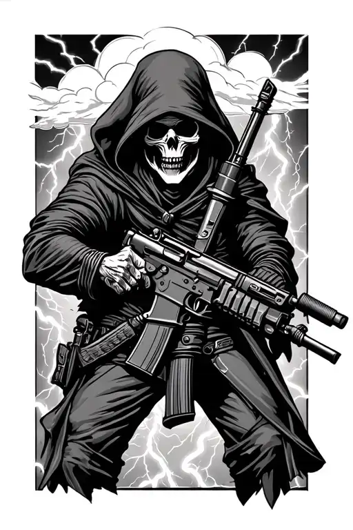 Grim Reaper Holding M4 Rifle With A Thundercloud And Lightning Overhead