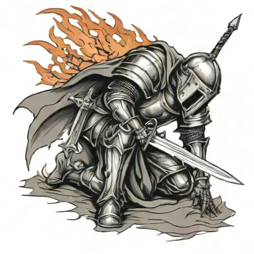 Knight Holding Flaming Sword Kneeling At Cross
