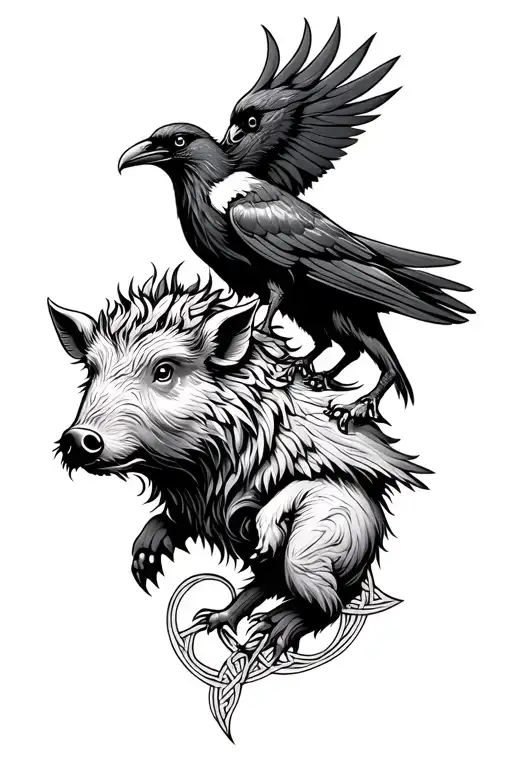 Celtic Boar And Crow Playing In Celtic Knot Work Style