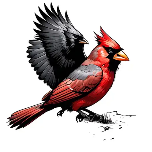Angry Cardinal Fighting A Crow Flying