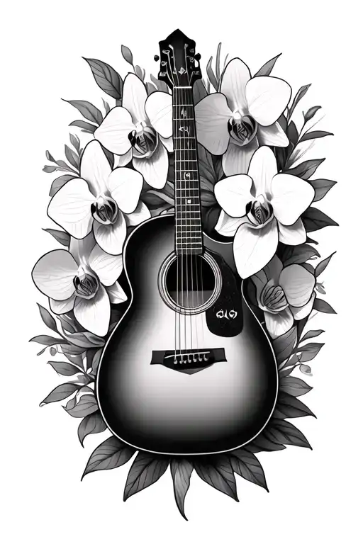 Memorial Tattoo With Guitar Surrounded By Orchids