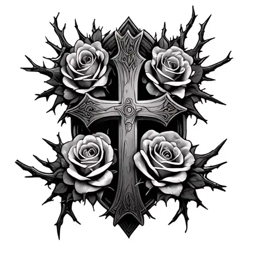 Cross With Roses And Thorn Crown