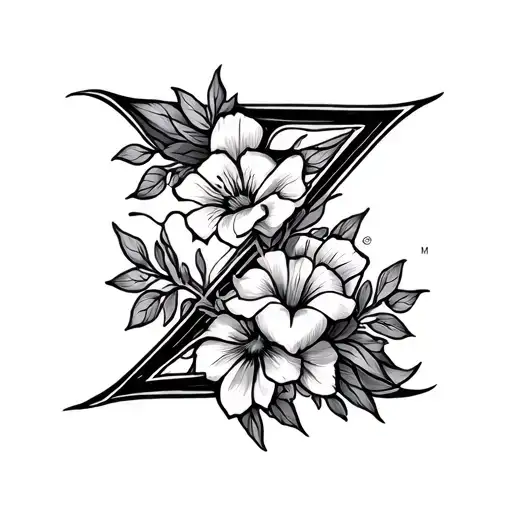 Letter Z Fine Line Tattoo Design Featuring Flower And Heart